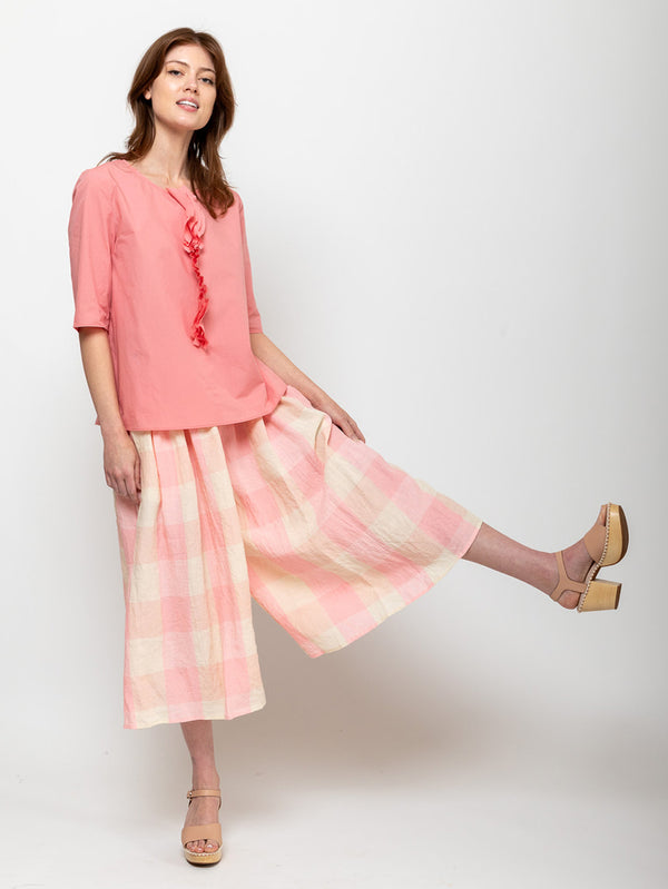 Wide Check Linen Pants - Pink