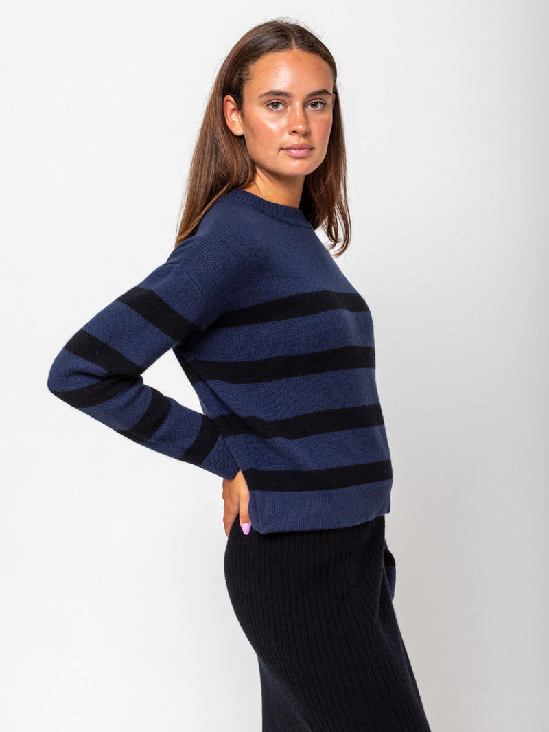 Allude - Round Neck Sweater - Blue with Black Stripes - Verdalina