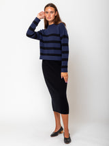Allude - Round Neck Sweater - Blue with Black Stripes - Verdalina