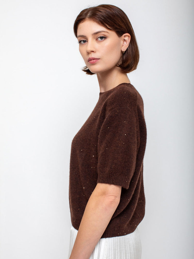 Allude - Short Sleeve Sequin Sweater - Dark Brown - Verdalina