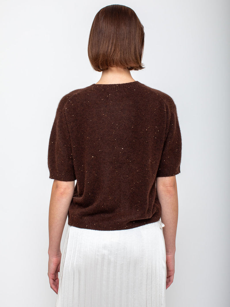 Allude - Short Sleeve Sequin Sweater - Dark Brown - Verdalina