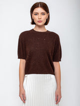 Allude - Short Sleeve Sequin Sweater - Dark Brown - Verdalina