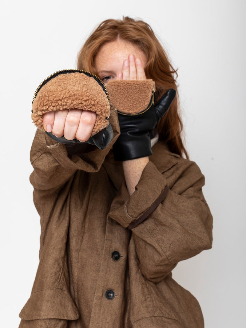 Aristide - Leather and Shearling Mittens with Zipper Top - Verdalina