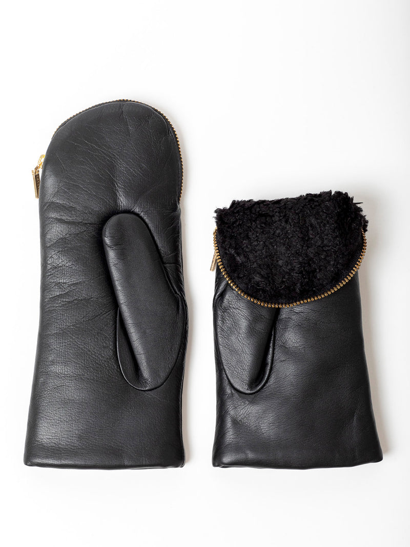 Aristide - Leather and Shearling Mittens with Zipper Top - Verdalina