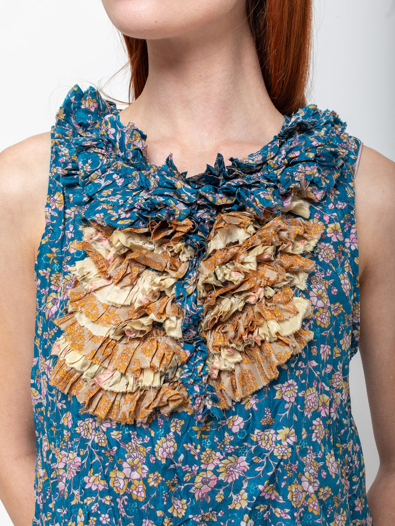 Hazel Brown - Blouse with Ruffle Yoke and Under Cami - Blue Floral - Verdalina