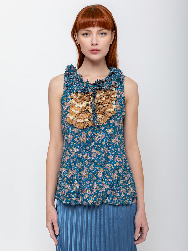 Hazel Brown - Blouse with Ruffle Yoke and Under Cami - Blue Floral - Verdalina