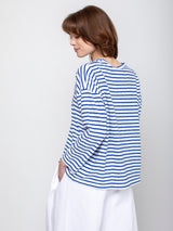 ICHI ANTIQUITES - Stripe Long Sleeve Tee - White and Royal - Verdalina