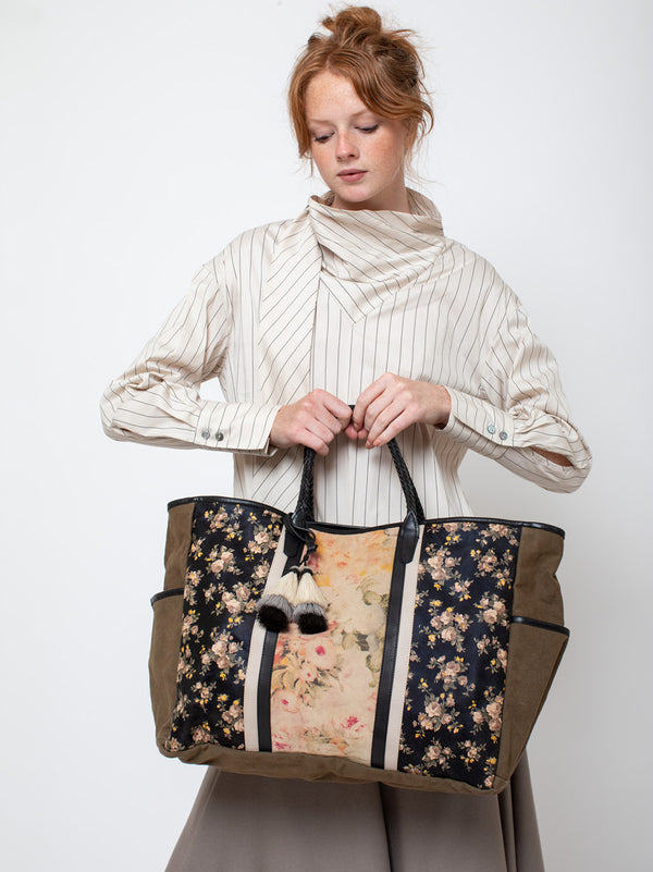 Braided Handle Tote - Army Floral