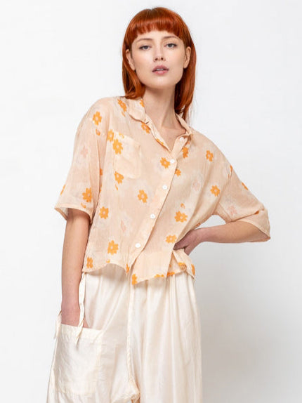 Sula - Clean New Cotton Voile Shirt - Orange Flower - Verdalina