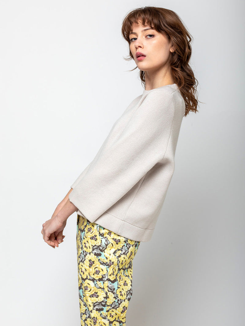 Allude - Round Neck Sweater with Cropped Sleeves - Beige - Verdalina
