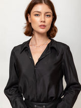Long Sleeve Silk Blouse - Coal Black
