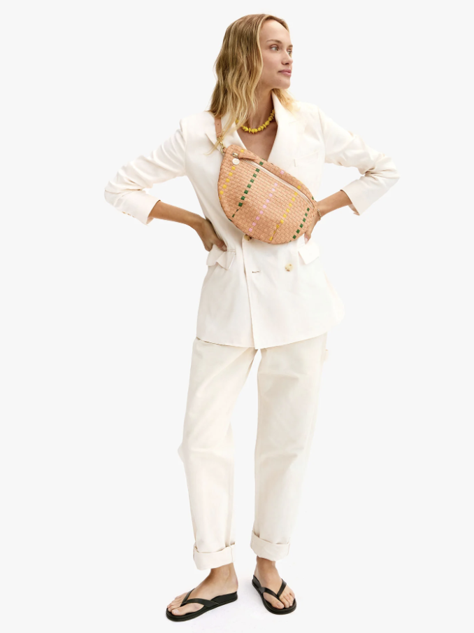 Clare V. - Grande Fanny - Bisque Woven Checker with Stripe - Verdalina