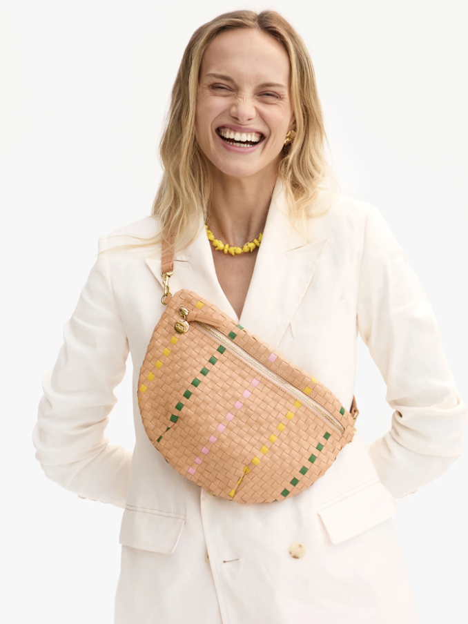 Clare V. - Grande Fanny - Bisque Woven Checker with Stripe - Verdalina