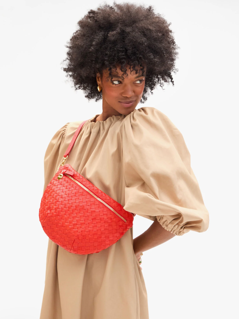 麦わら Clare V | Grande Fanny - Medium Woven Diagonal - Bright Poppy