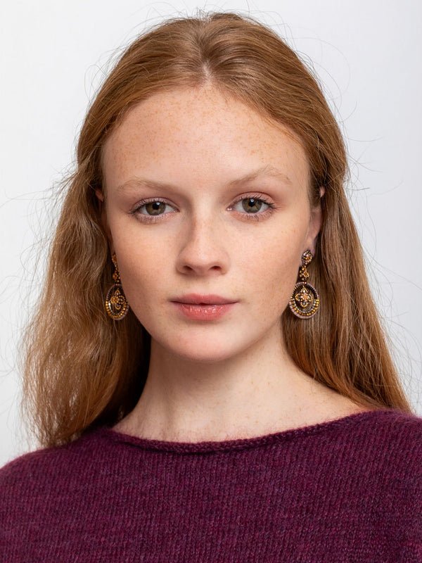 Round with Flower Center Post Earrings - 14K