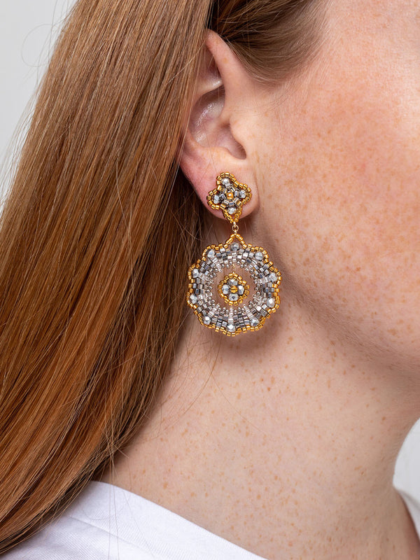 Circle with Flower Post Earrings - 14K