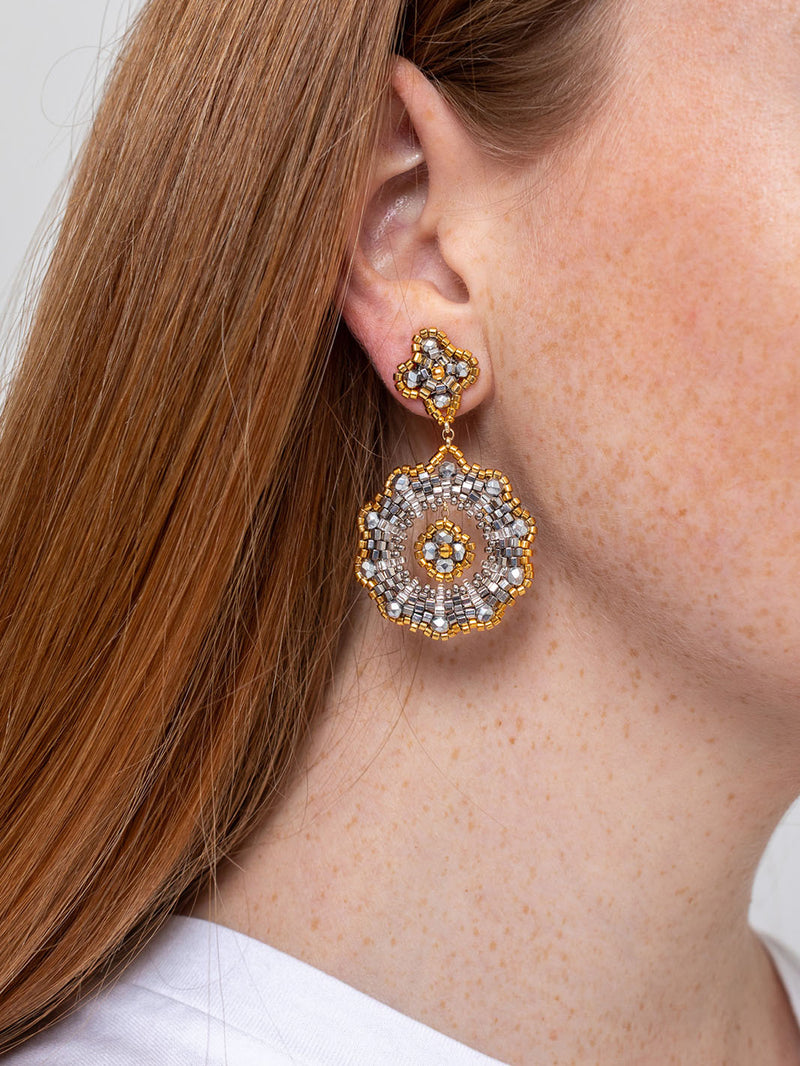 Circle with Flower Post Earrings - 14K