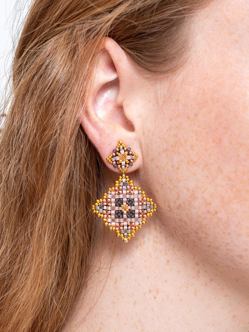 Triangle Beaded Post Earrings - 14K