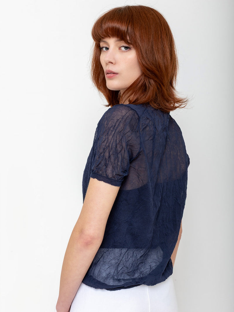 M J Watson - Short Sleeve Crinkle Cotton Sweater - Navy - Verdalina
