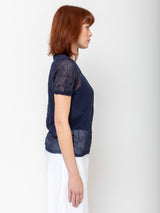 M J Watson - Short Sleeve Crinkle Cotton Sweater - Navy - Verdalina