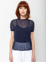 M J Watson - Short Sleeve Crinkle Cotton Sweater - Navy - Verdalina