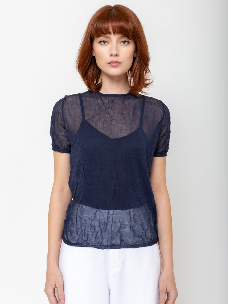 M J Watson - Short Sleeve Crinkle Cotton Sweater - Navy - Verdalina