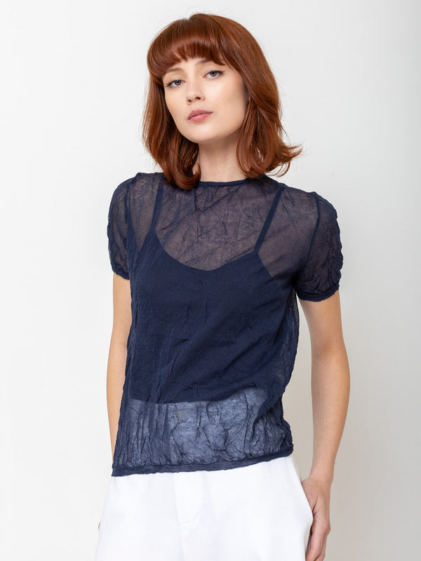 M J Watson - Short Sleeve Crinkle Cotton Sweater - Navy - Verdalina