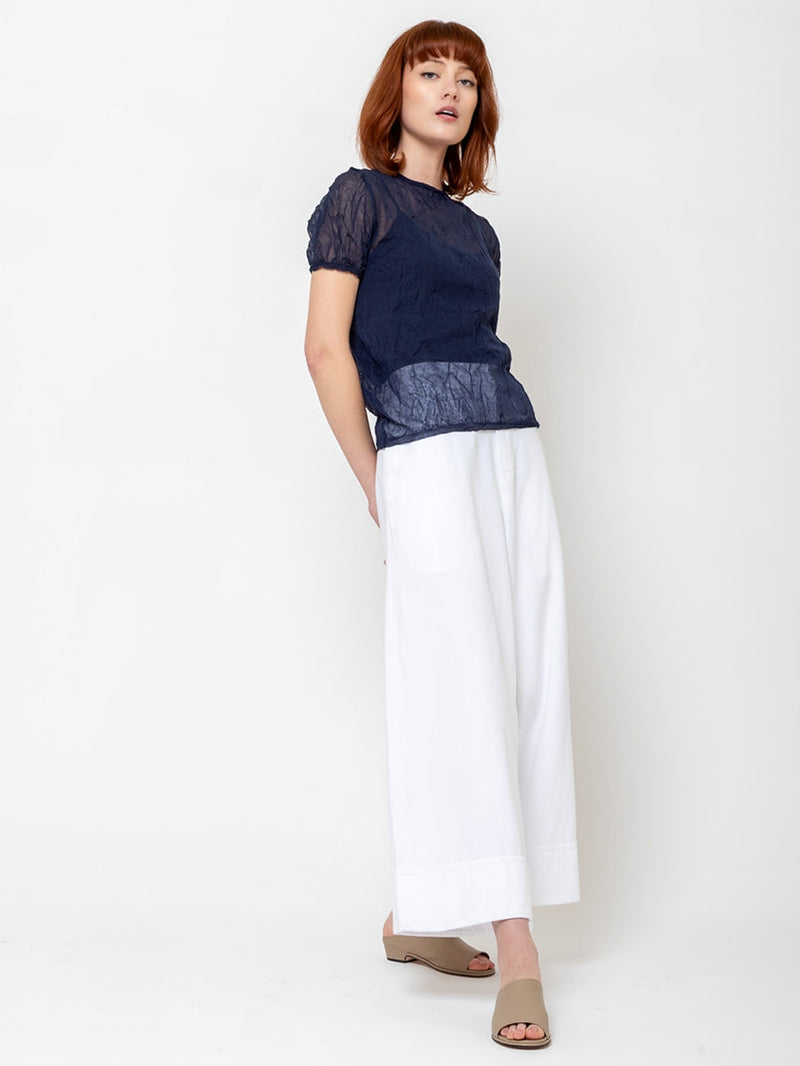 M J Watson - Short Sleeve Crinkle Cotton Sweater - Navy - Verdalina