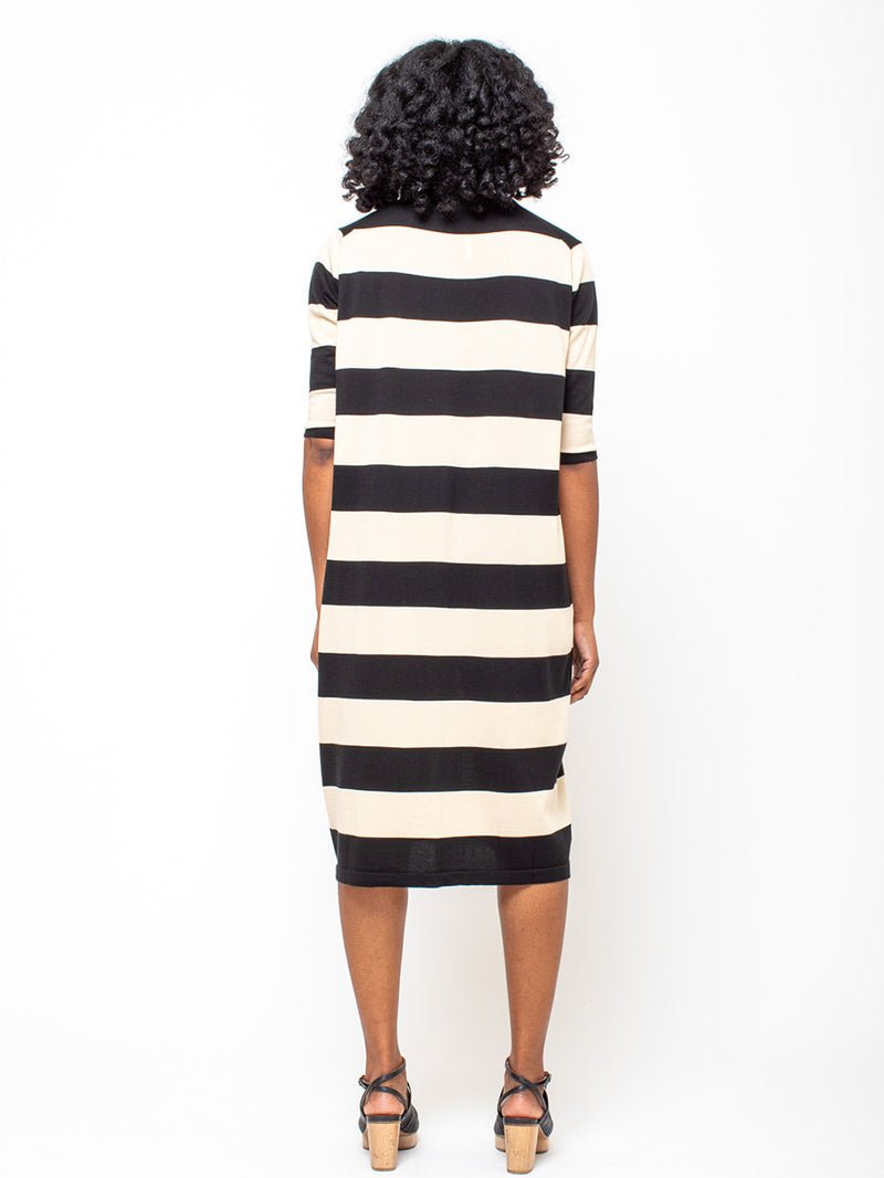 M J Watson - Pima Cotton Stripe Knit Dress - Black and Oat - Verdalina