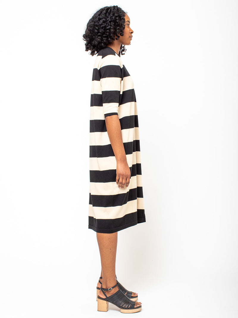 M J Watson - Pima Cotton Stripe Knit Dress - Black and Oat - Verdalina