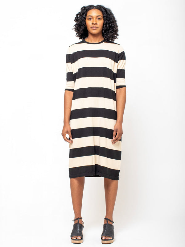 M J Watson - Pima Cotton Stripe Knit Dress - Black and Oat - Verdalina