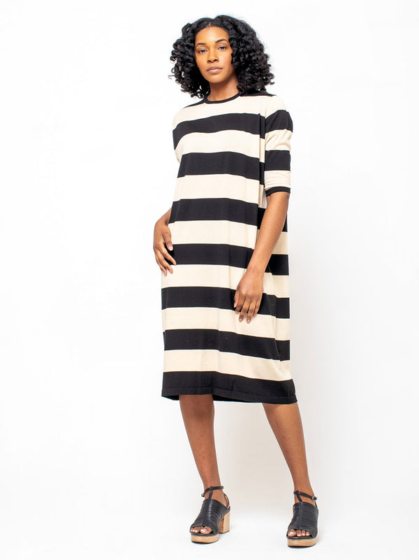 M J Watson - Pima Cotton Stripe Knit Dress - Black and Oat - Verdalina