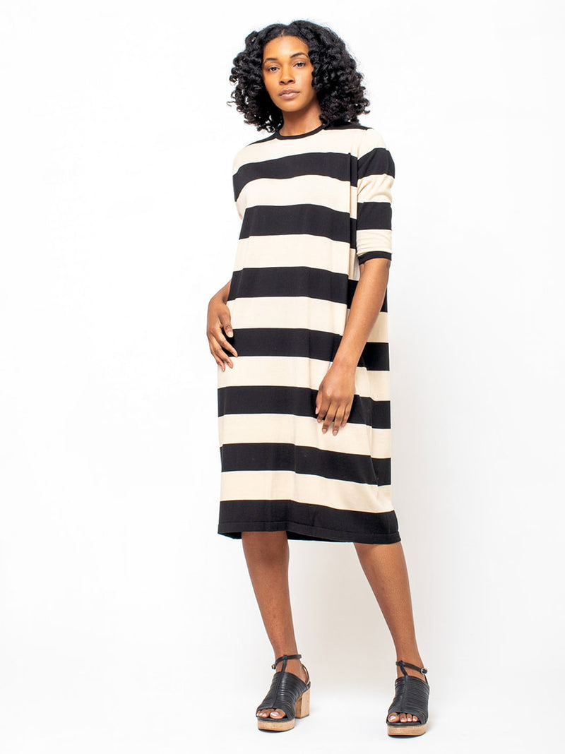 M J Watson - Pima Cotton Stripe Knit Dress - Black and Oat - Verdalina
