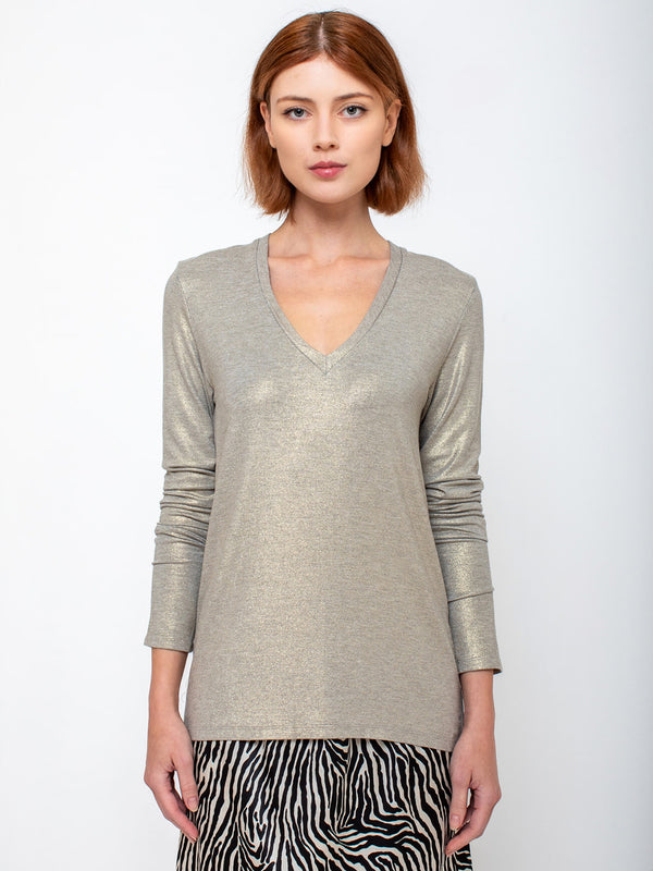 Monday12 - Liat Long-Sleeve V-Neck Tee - Gold - Verdalina