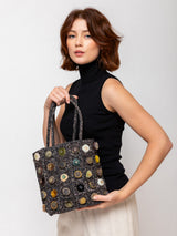 Raffia Tote with Velvet Buttons - Blue Night