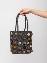 Raffia Tote with Velvet Buttons - Blue Night