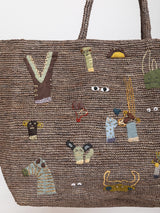 Large Raffia Tote with Animal Applique - Plum and Silver