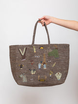 Large Raffia Tote with Animal Applique - Plum and Silver