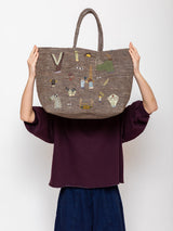 Large Raffia Tote with Animal Applique - Plum and Silver