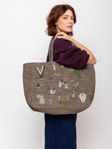 Large Raffia Tote with Animal Applique - Plum and Silver