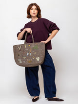 Large Raffia Tote with Animal Applique - Plum and Silver
