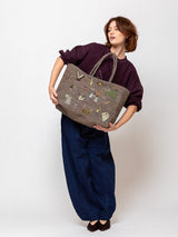 Large Raffia Tote with Animal Applique - Plum and Silver