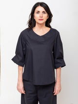 Susanne Bommer - V-Neck Cotton Poplin Shirt - Blue Moon - Verdalina